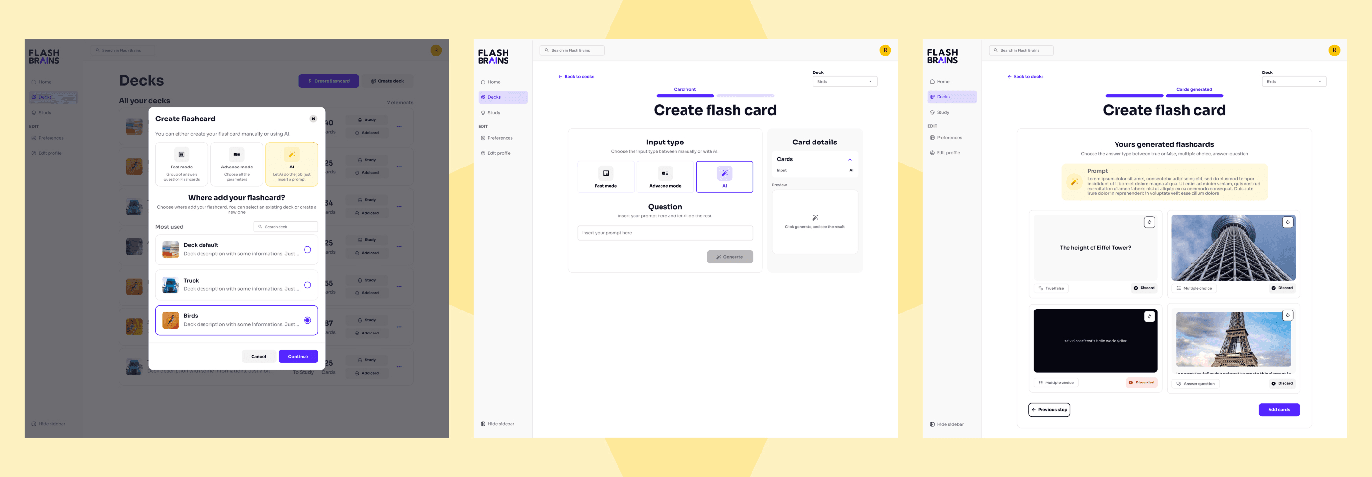 Schermate della generazione di flashcard con l’AI