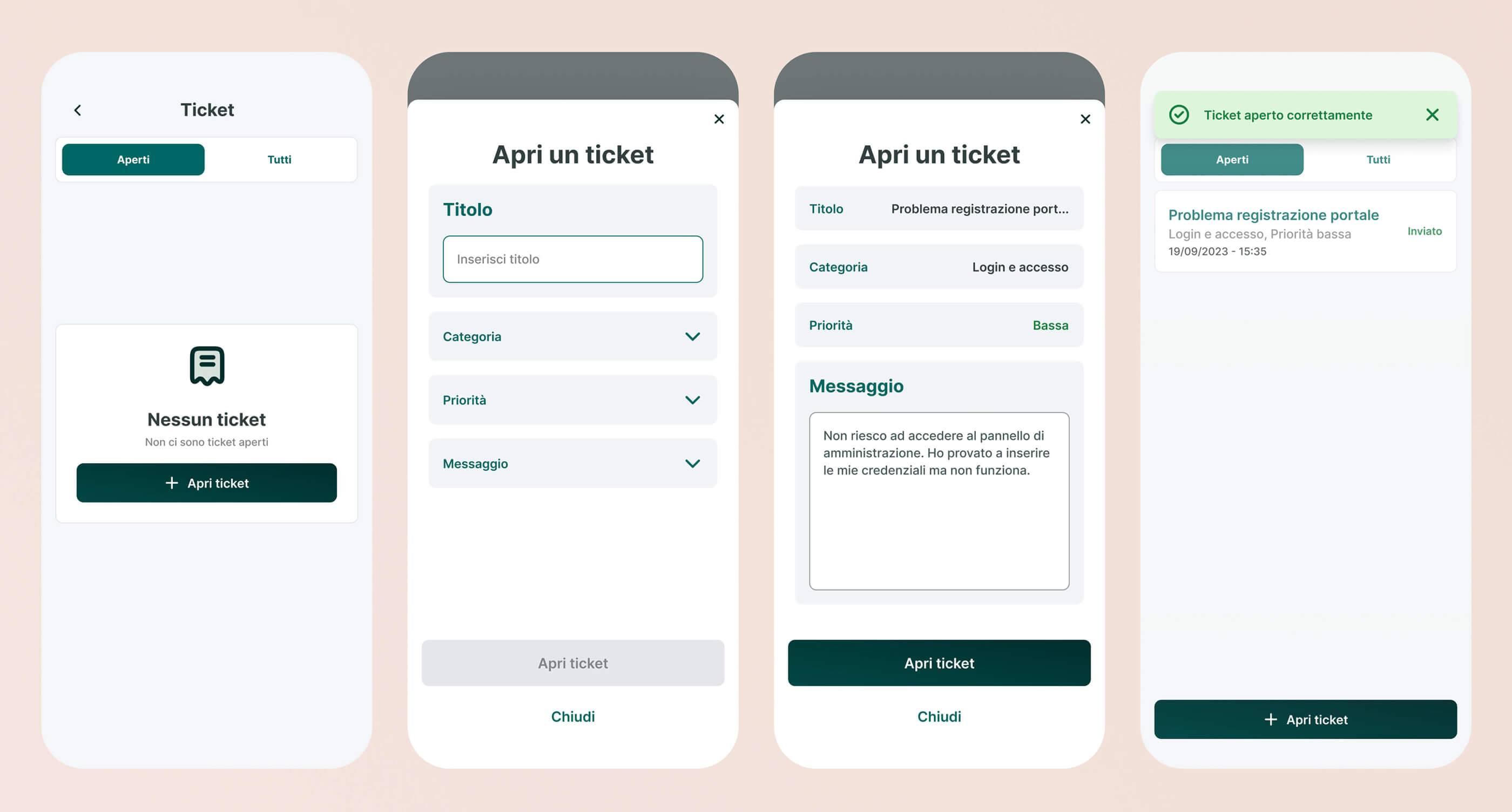 Schermate del flusso di apertura ticket