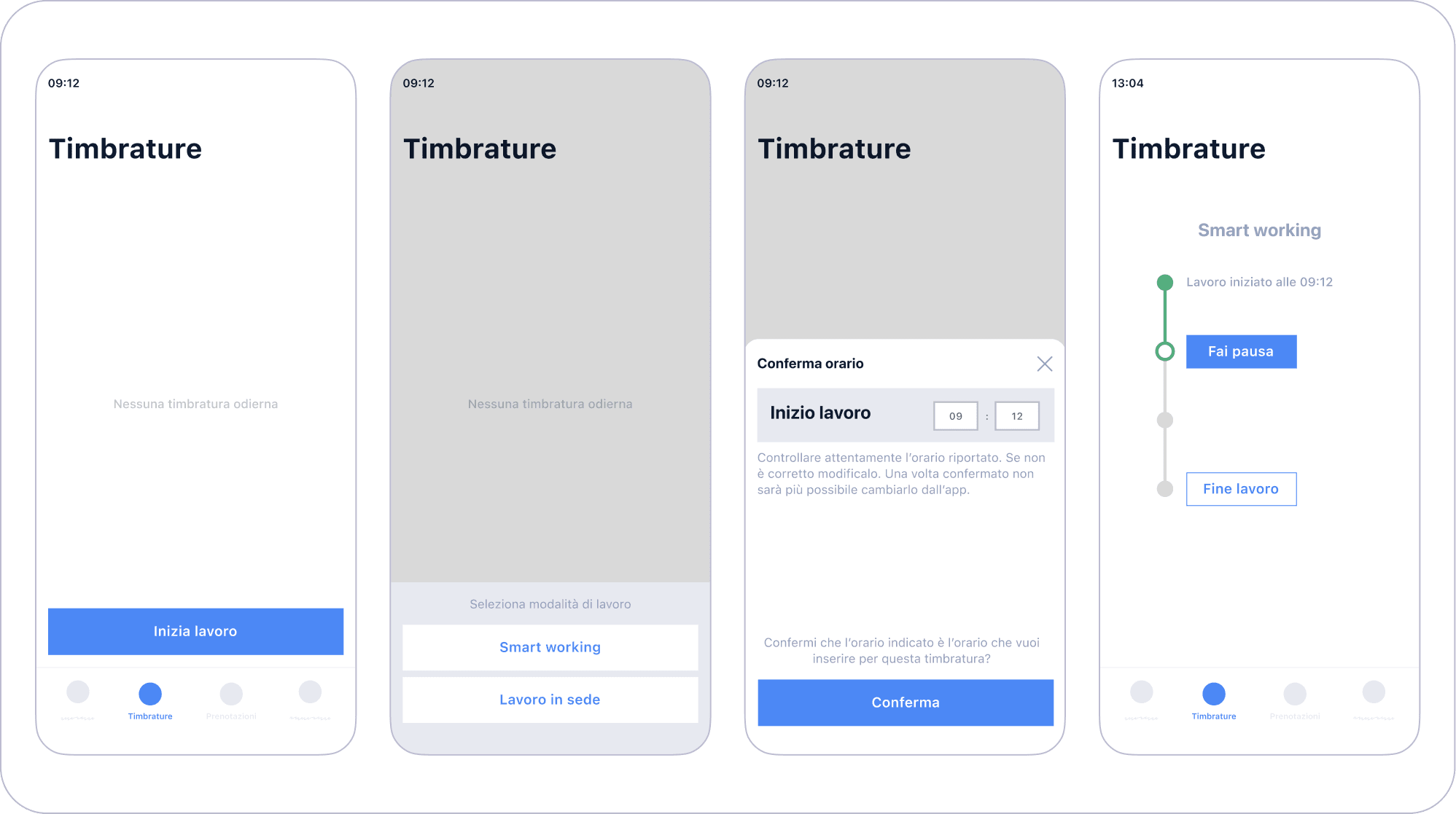 Wireframe flusso timbratura da remoto